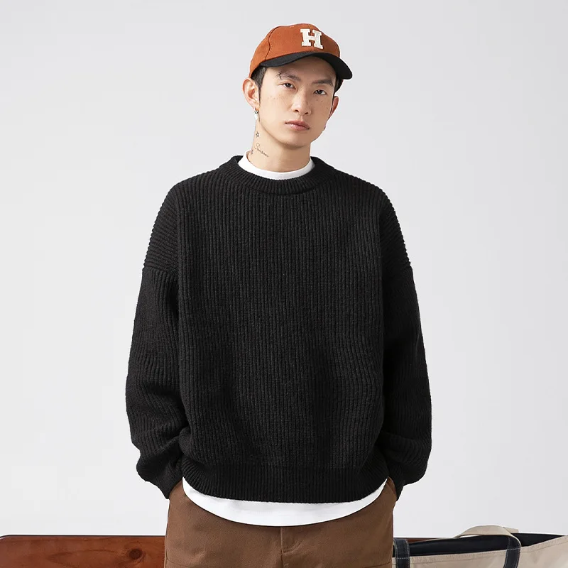Heavyweight Thick Needle Pit Stripe Texture Sweater Solid Loose Round Neck Knit Jersey Coat man clothes