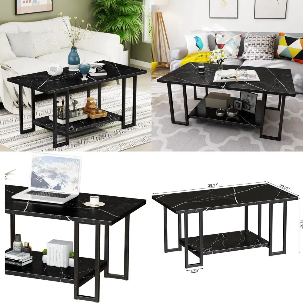 

Rectangular Faux Marble Coffee Table with Black Metal Frame - 2 Tier Living Room Furniture for Modern Home Decor