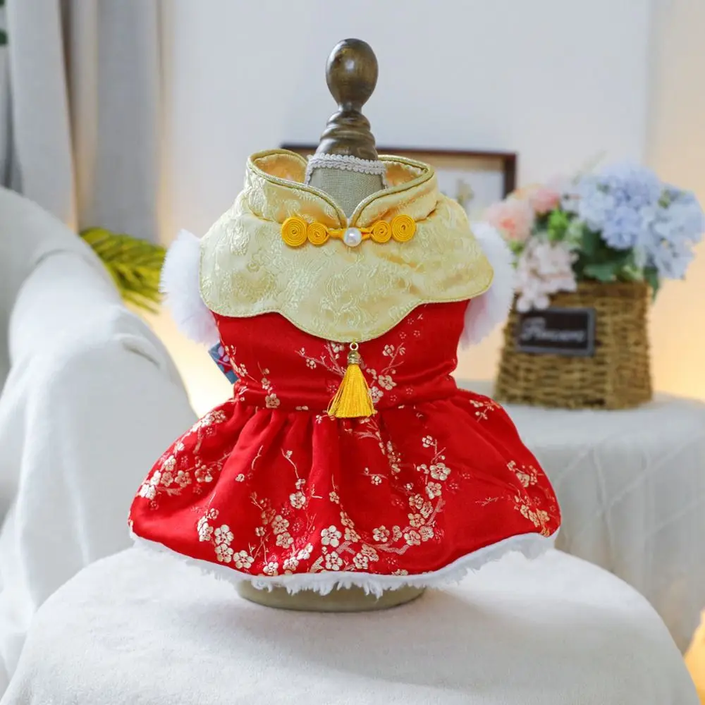 Chinese Style New Year Pet Dress Creative Plush Pet Princess Skirt Soft Flannel Dog New Year Costume Chinese New Year