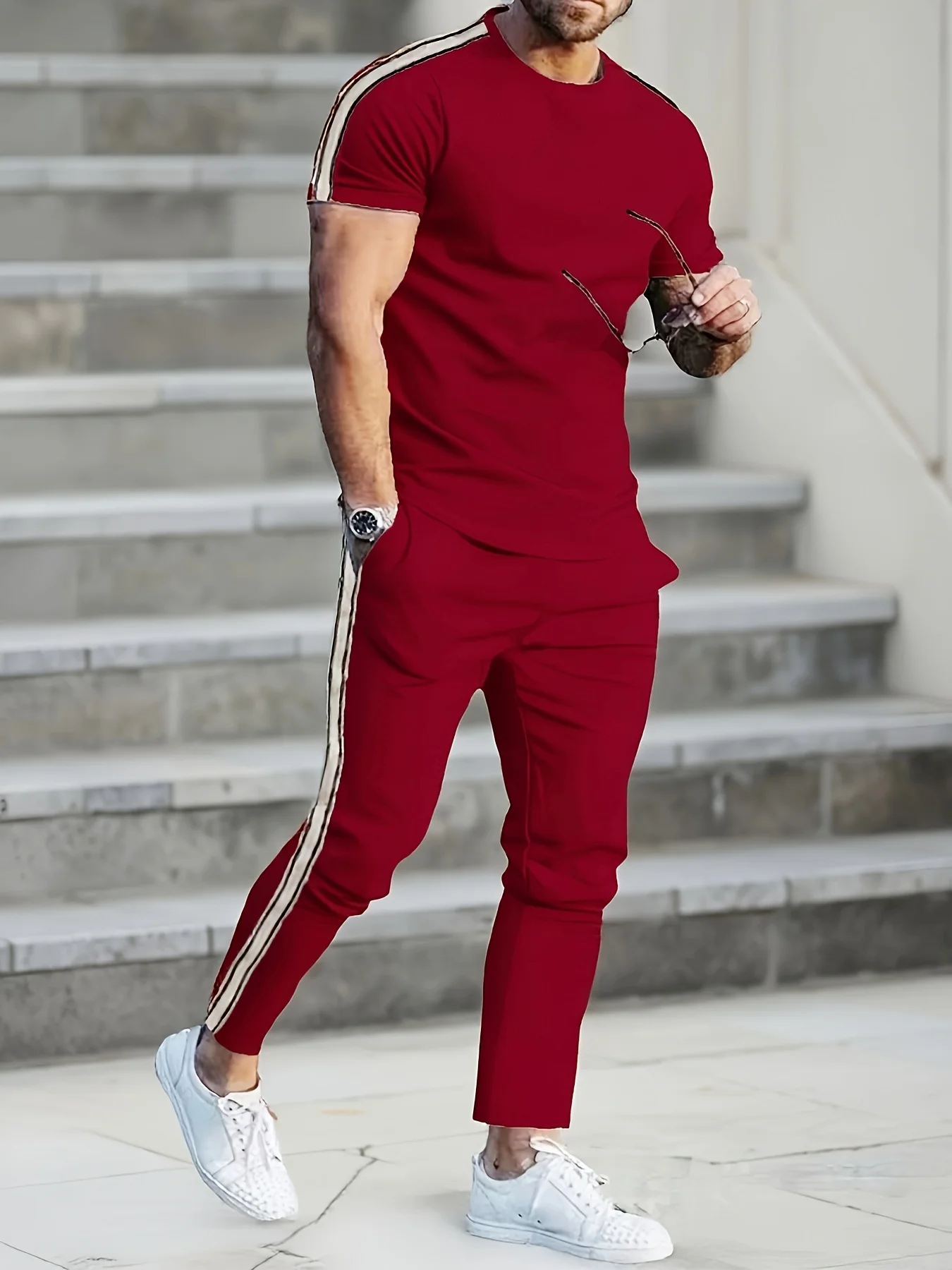 Men's new fashionable striped minimalist printed micro elastic comfortable round neck T-shirt and pants set outdoor urban casual