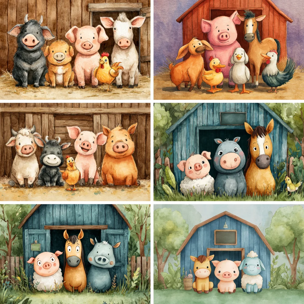 Cartoon Rural Farm Animals Photo Background Baby Birthday Wooden Fence Poster Photographic Backdrops Photo Studio Props