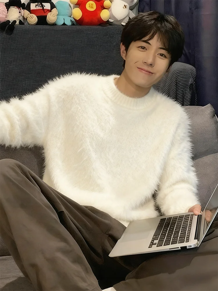 

Белый вязаный свитер Camere для мужчин, осенне-зимний, утепленный, с имитацией меха внутри, мягкий, утолщенный, базовый слой