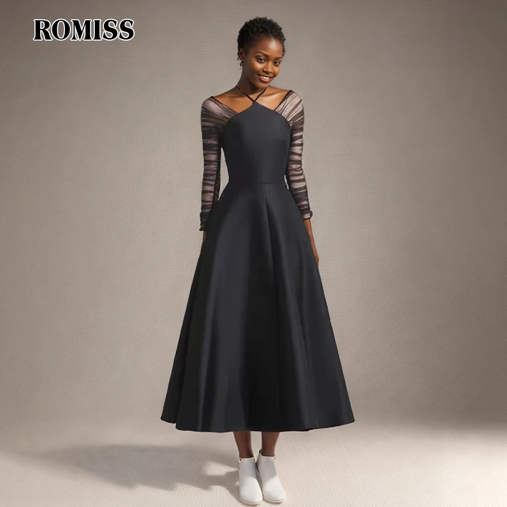 ROMISS Spliced Mesh Dresses For Women Halter Long Sleeve High Waist Patchwork Zipper Solid Folds Spring Fashion Dress Female