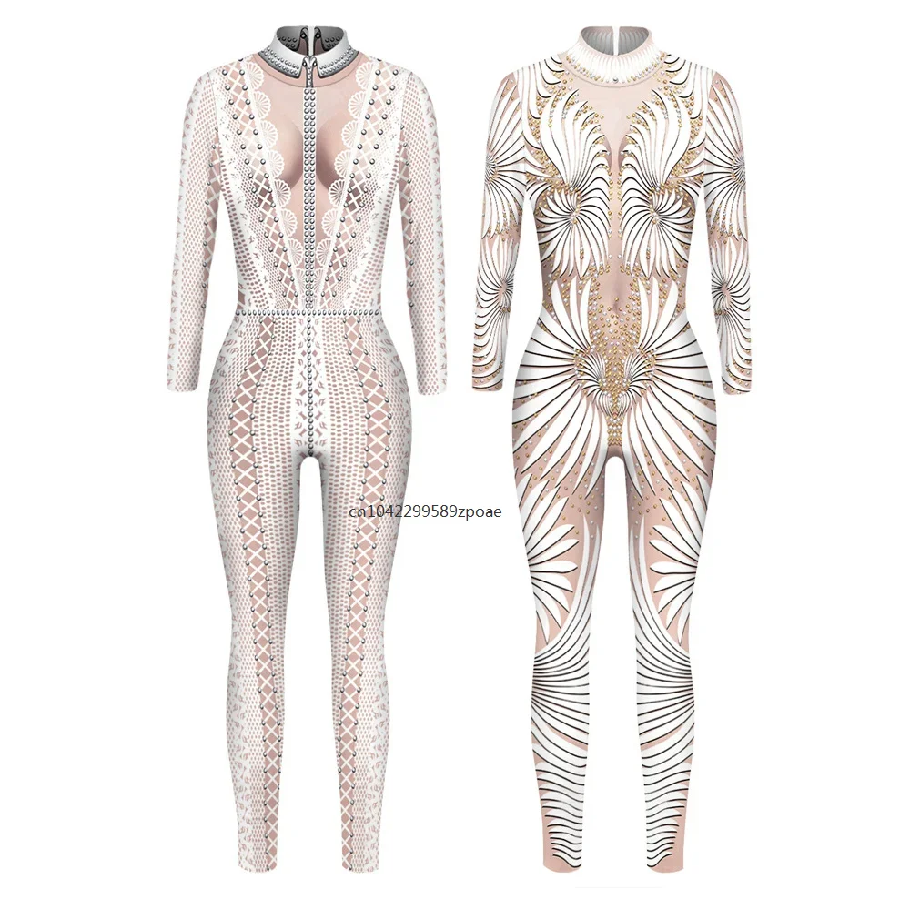 

Lace Sequins Pattern 3D Printed Cosplay Costume Sexy Jumpsuit Bodysuit Adult Carnival Party Clothing S-XL monos mujer 2024