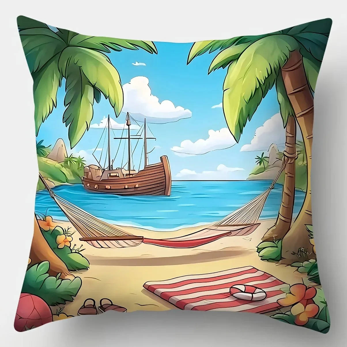 Beach Scenes: Sailboat, Surfboards, Bicycle, Car Pattern Cushion Cover Suitable For Sofa Bedroom Car Pillow Cover