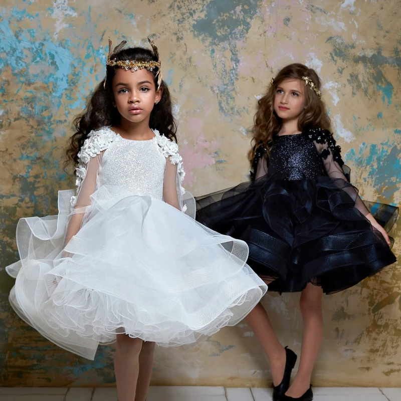 

White Black Flower Girl Dresses Tulle Sequin Flory Tiered Long Sleeve For Wedding Birthday Party Banquet Princess Gowns