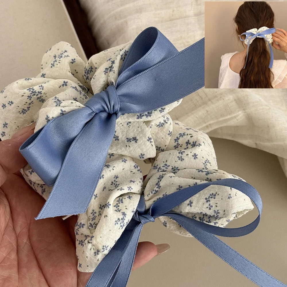 Summer Blue Floral Scrunchies Large Hair Band Ponytail Hair Ring Hair Accessories Bow Ribbons High Elastic Flower Hair Rope