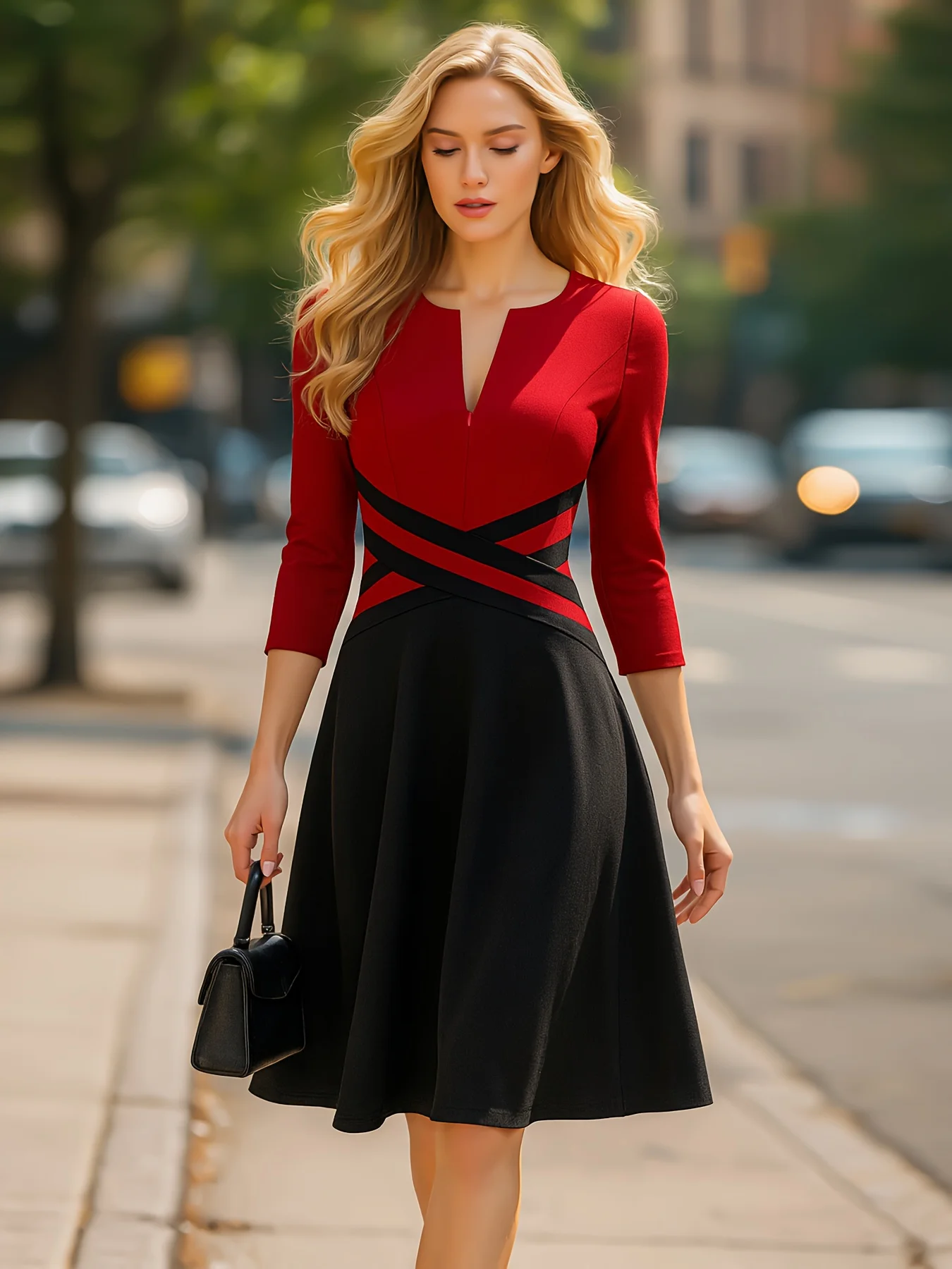 Womens Elegant Front Zipper Work Office A-Line Colorblock Business Casual Party Slim Fit And Flare Church Dress