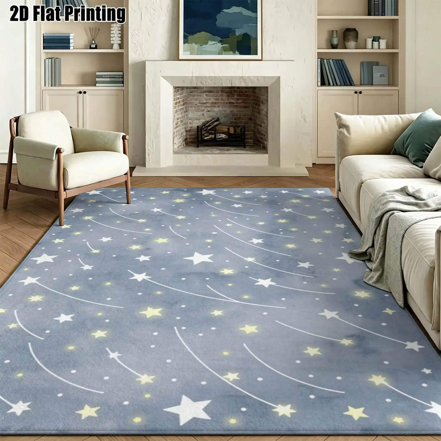 1Pc 2D Printed Grey-Blue Shooting Star & Star Pattern Nordic/Instagram Style Modern Minimalist Carpet, Machine Washable, Multi-Size, for Home Decor, Multi-Scene Use