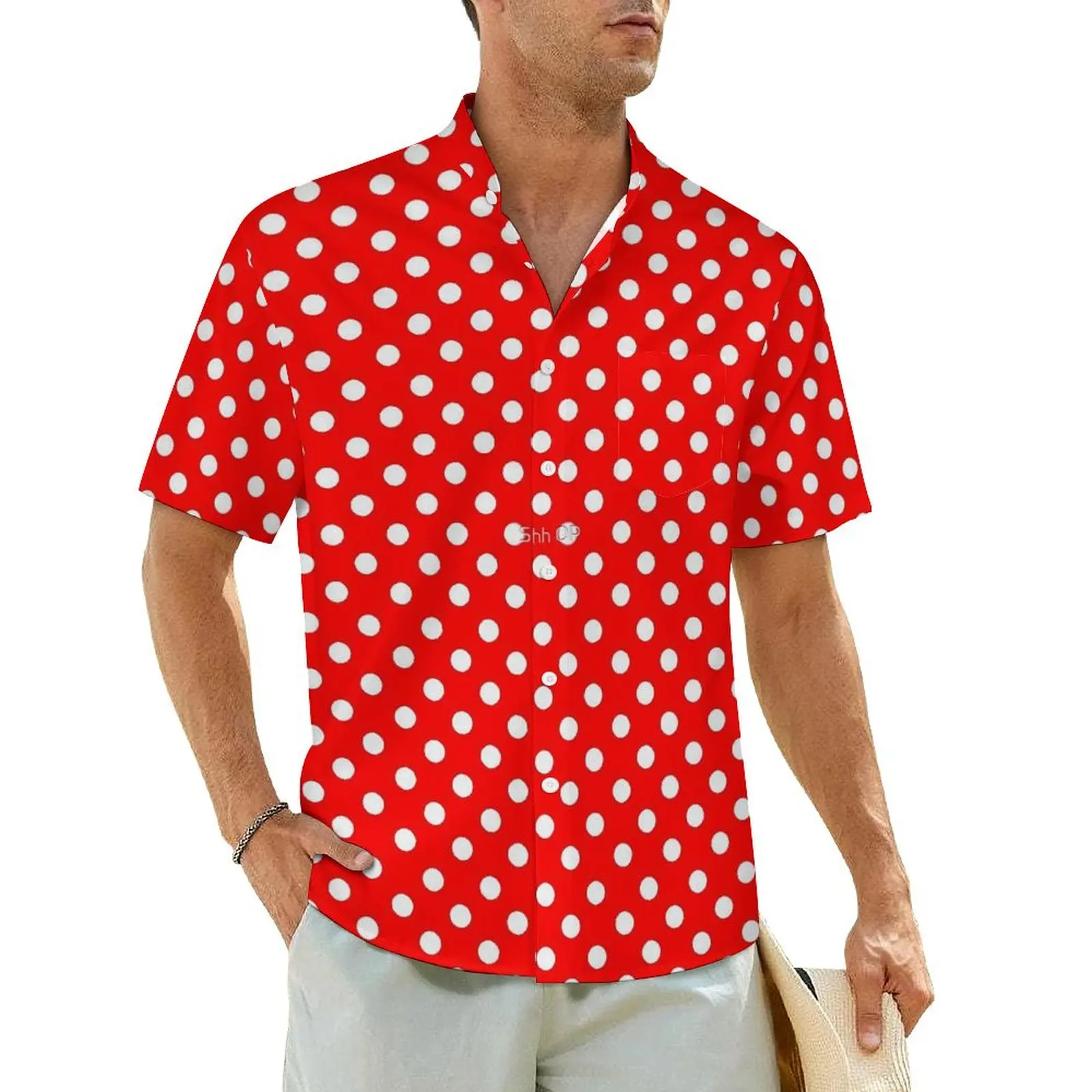 

White Polka Dots Beach Shirt Men Retro Print Vintage Casual Shirts Hawaii Short Sleeve Y2K Street Graphic Oversized Blouses Gift