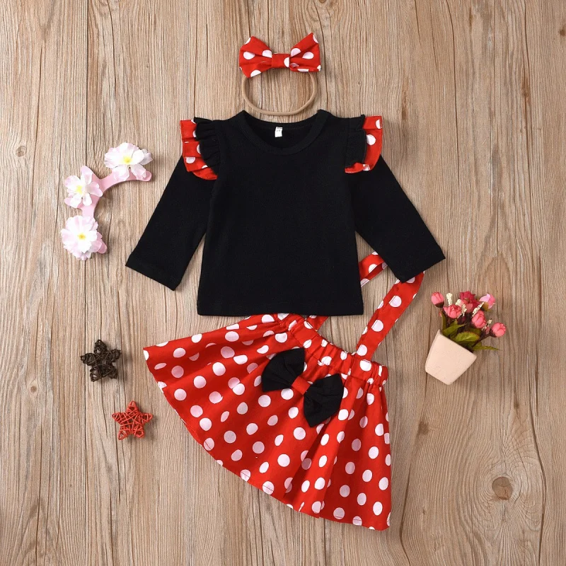 Baby Girls Clothes Set Cute Princess Kids Long Sleeve T-shirts+Cartoon Polka Dot Strap Pleated skirt+Headband Outfits Suit