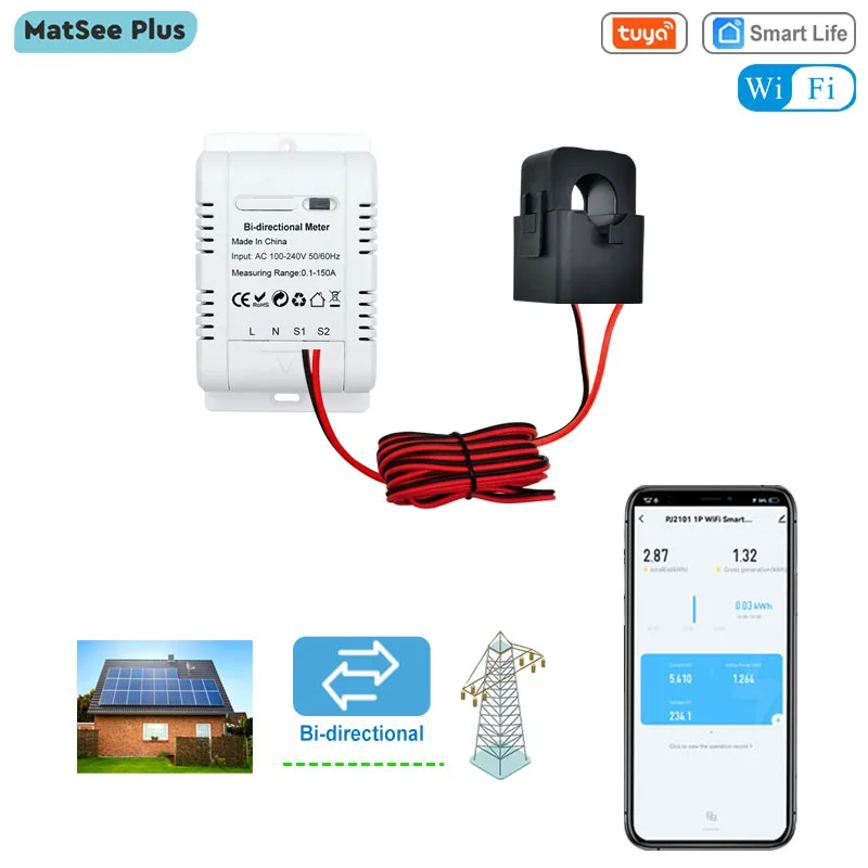 

Tuya Smart WiFi Energy Meter Bidirectional 150A Clamp App Monitor Voltage Current Power KWh and Produced KWh for Solar 110V/240V