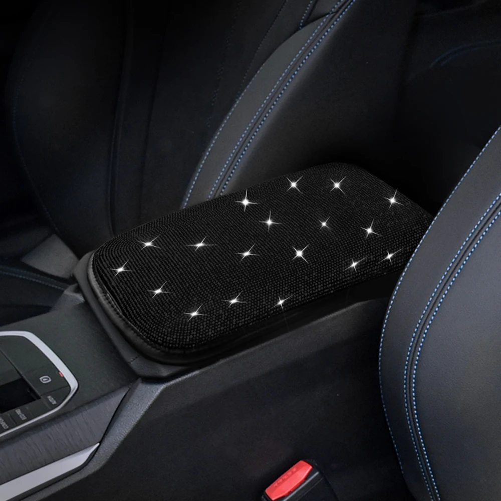 Crystal Car Armrest Cover Mat Leather Waterproof Non-slip Storage Box Pad Auto Styling Bling Car Interior Accessories