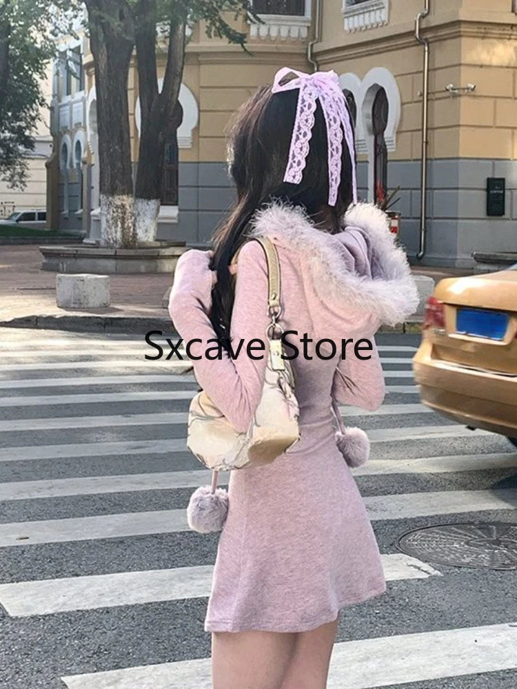 2023 Autumn Elegant Knitted Short Party Dress Women Casual Long Sleeve Sweet Bodycon Y2k Mini Dress Hooded Faux Fur Korean Chic