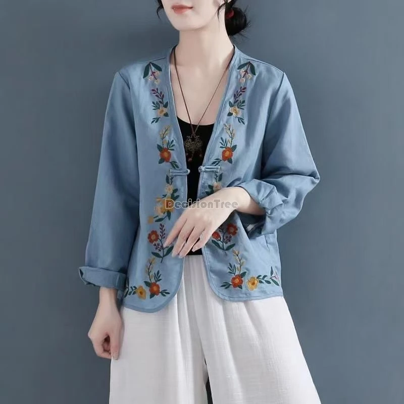 2024 retro literature art cotton linen top chinese style embroidery casual cardigan autumn daily fashionable versatile outerwear