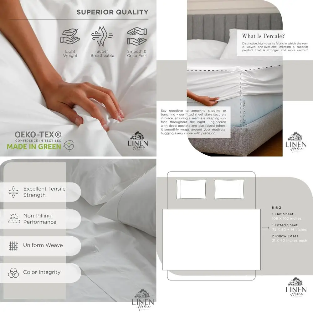 

King Size Cotton Percale Sheets Set - 1 Flat, 1 Deep Pocket Fitted, 2 Pillowcases - Pure White, Crisp & Strong Bedding