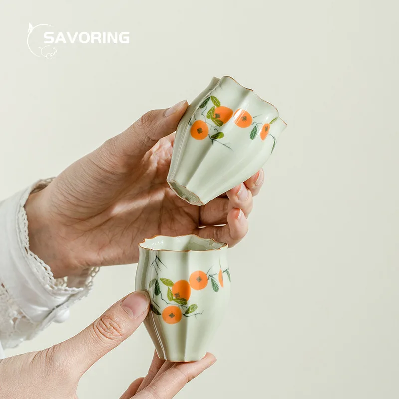 

Hand Painted Persimmon Ceramic Teacup Tea Pair Aesthetic Cups Master Cup Plant Ash Teacups Chazhan Kung Fu Tea Tool Tea Ceremony