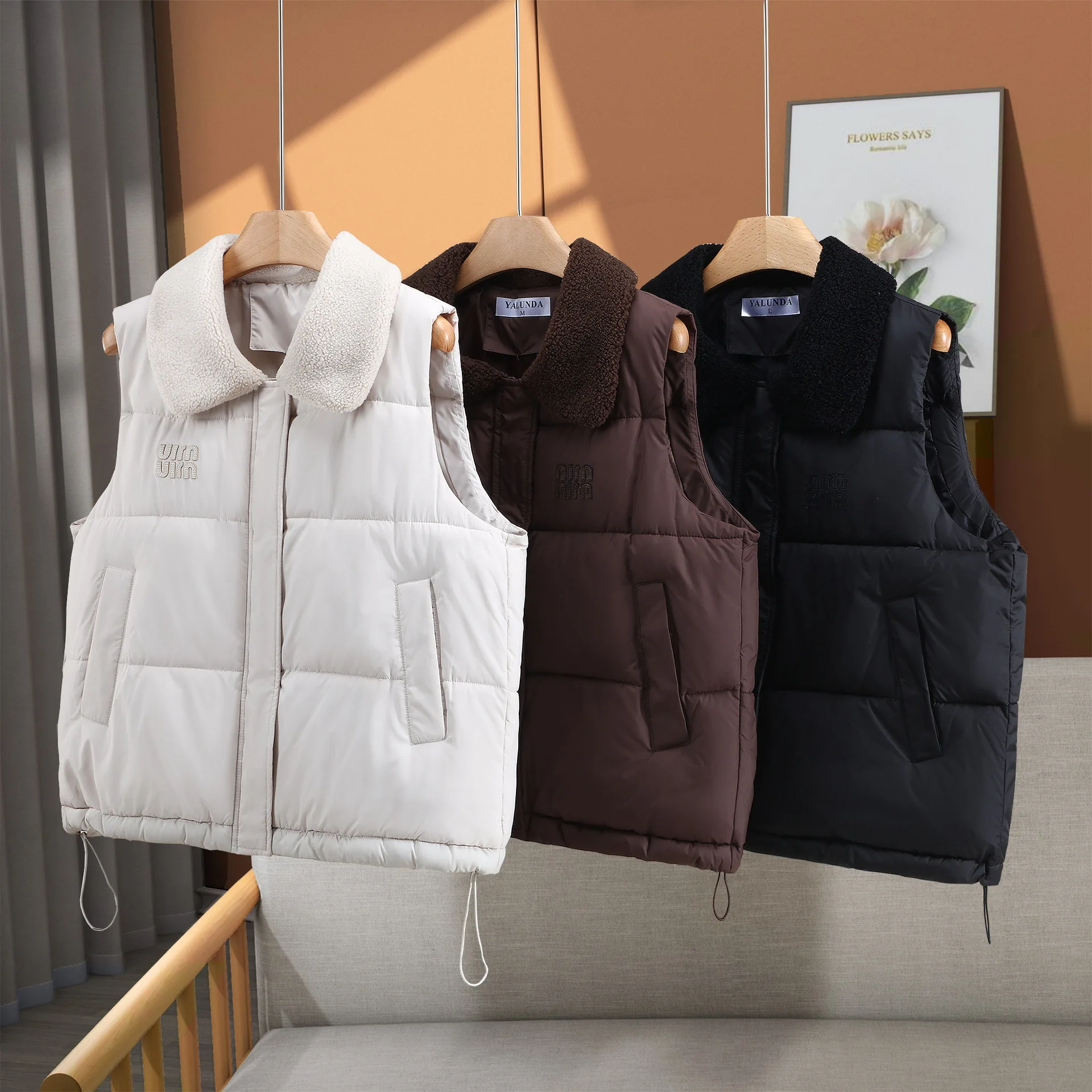 Women Parkas Vest Sleeveless Oversize Coats Solid Wool Turn Down Collar Drawstring Hem Zipper Thick Loose Casual 2025 Winter
