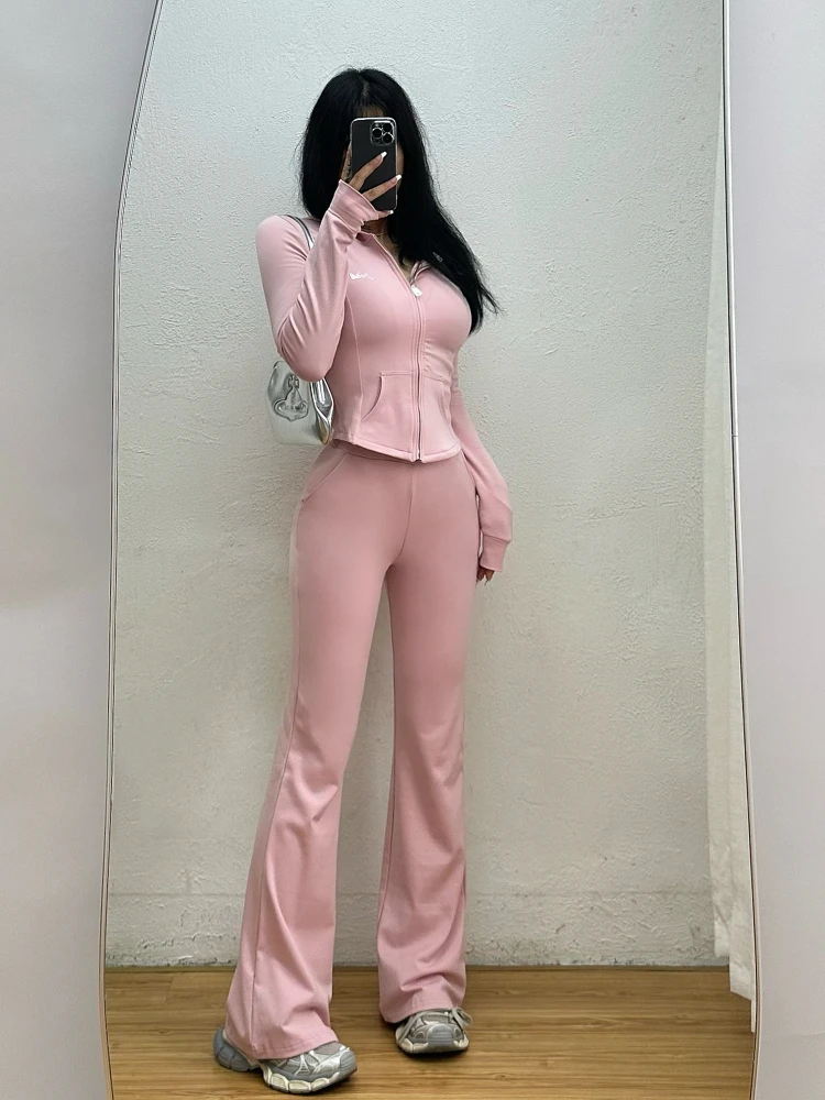 WOMENGAGA Spicy Girl Sports Set Autumn/Winter Hooded Zipper Top Bright Diamond Flare Floor Dragging Pants Wide Leg Pants ZEL0