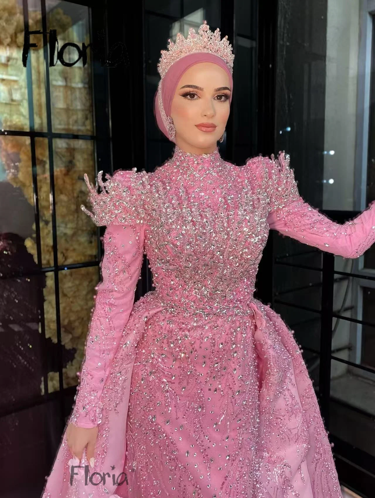 Pink Muslim Plus Size Formal Dresses Bridal Long Sleeve Gillter Beaded Applique Caftan Morocca Evening Gown Outfit Customsized