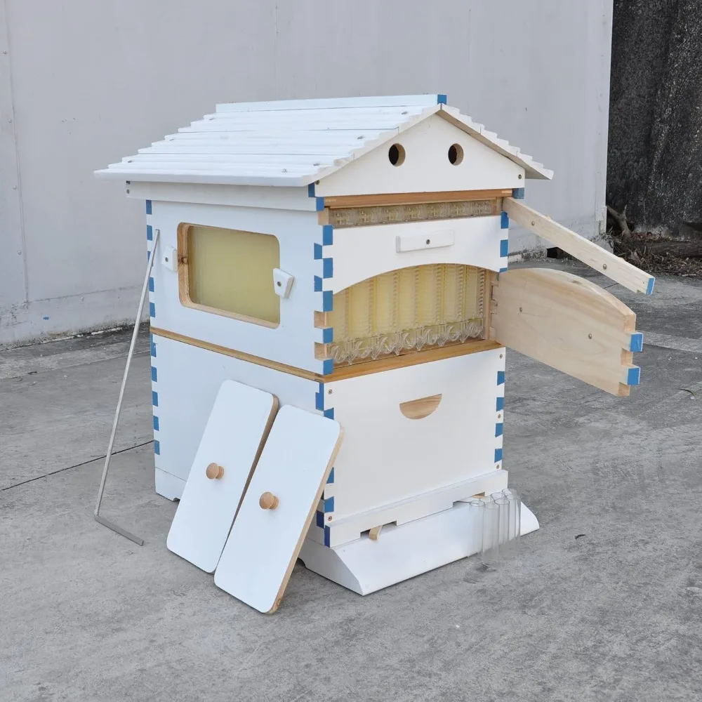 White Bee Hive, with Super Box and 7pcs Auto Super Frames, Brood Box(No Brood Frames), Bee House, Bamboo Queen Excluder for Begi