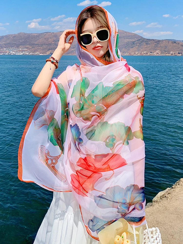 Summer Chiffon Hijab Women Bikini Cover Up Silk Scarf Print Mujer Shawl Bandana Sarong Beach Wrap Scarve Pareo Bufanda Stoles