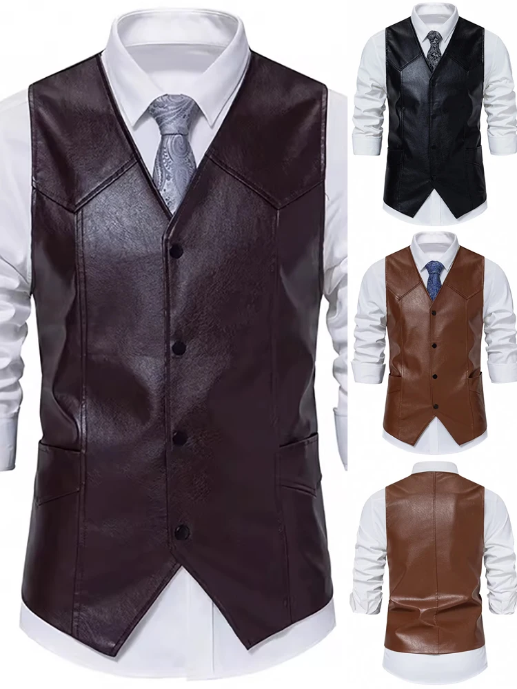 

Briti Sle Versatile PU Leather Motorcycle Vest Single Button Waistcoat Men's Faion Urban Stand Fit All Seasons Jaet