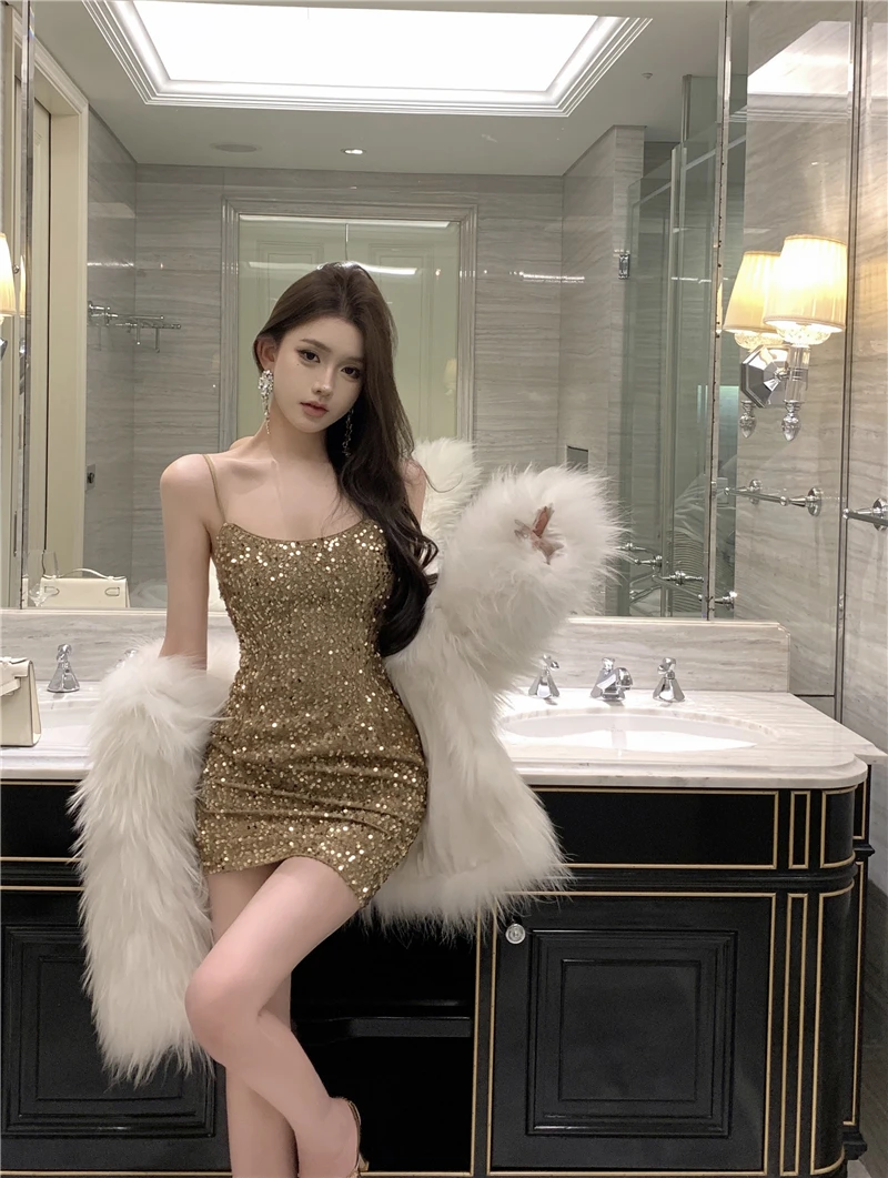 

iny Sequin Strapl ort Dr Women's Autumn Winter Sexy Waist Cinched Annual Birthday Par Dr Bodycon Dr