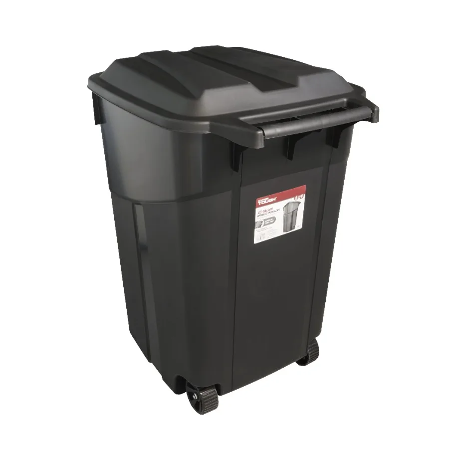 

45 Gallon Wheeled Heavy Duty Plastic Garbage Can with Attached Lid for Outdoor Indoor Use, Black, Leak-Resistant UV-Stabilized