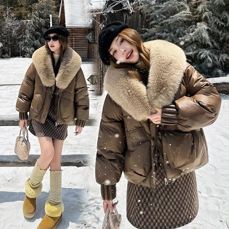 2025 Winter Women Down Cotton Coat Big Fur Collar Short Styles Side Pocket Jacket Female Detachable Fur Collar Designs Overcoat
