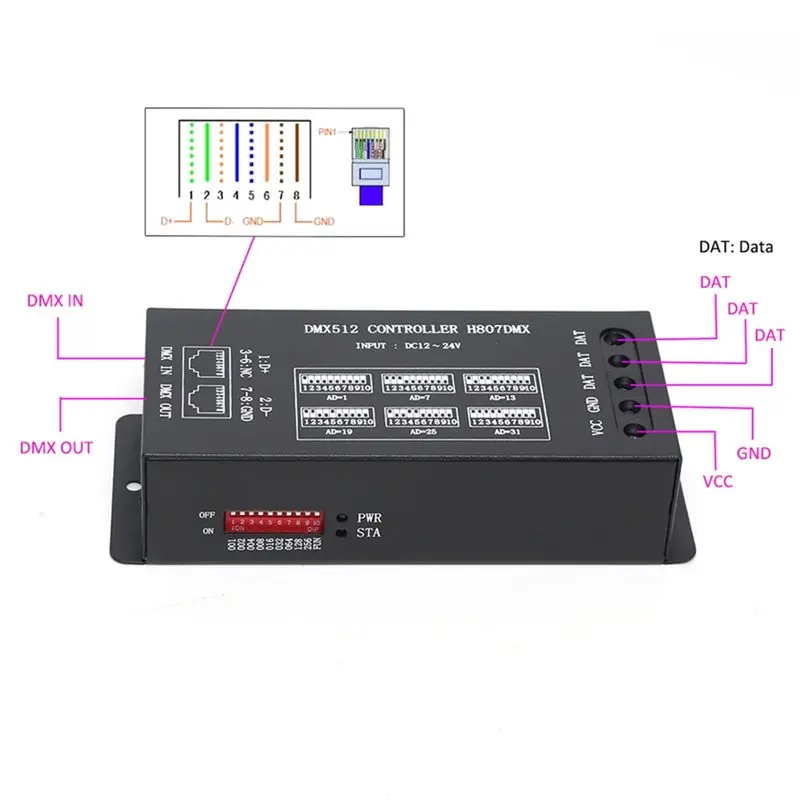 AT05-DMX512 Controller H807DMX DMX SPI Decode RGB Controller 14 Channels