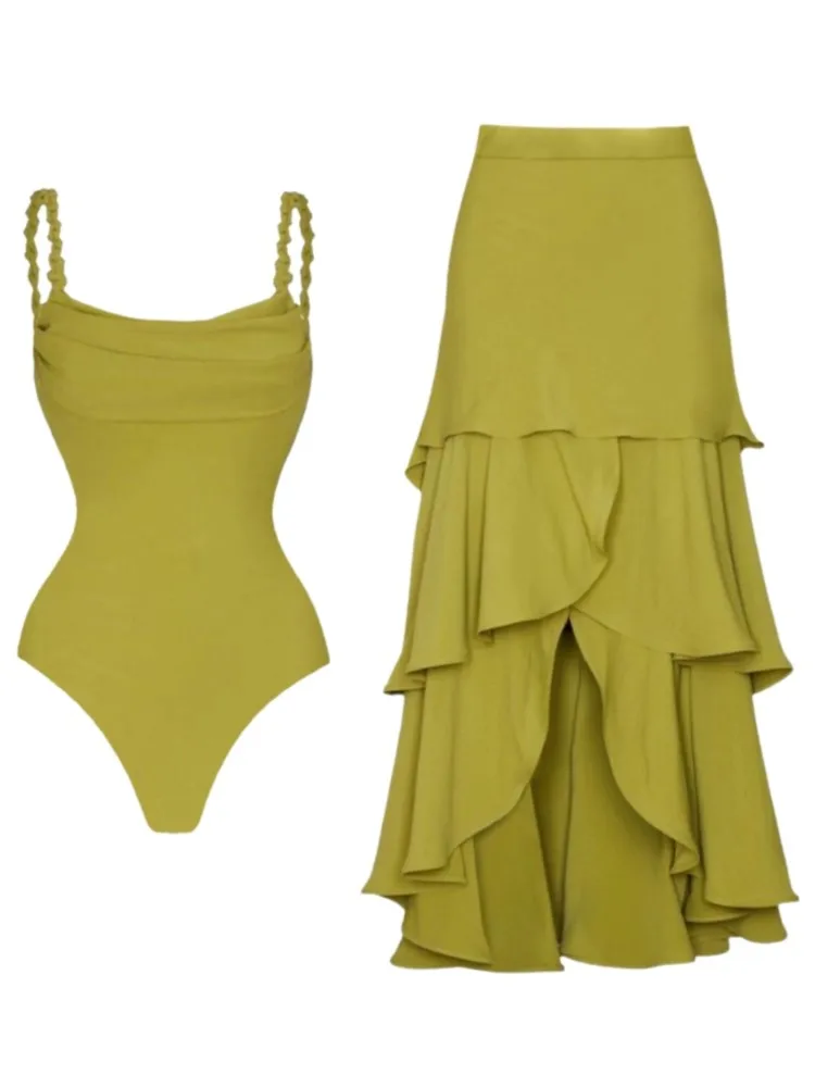 Retro Bikini Printed Fashion Two Piece Swimsuit And Cover Up With Skirt Tight Women's Bandage Summer Beach Luxury Elegant