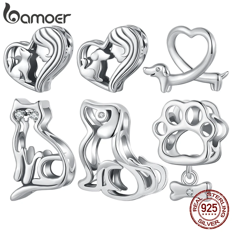 Bamoer Original 925 Sterling Silver Dog Cat Charm Hollowed Pet Paw Bead Dachshund Cute Lovely For Women  Party Gift Fine Jewelry