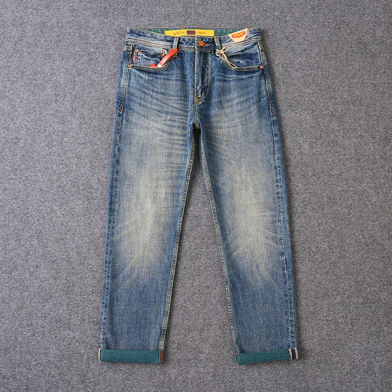 

Men's Red Selvedge Sky Blue Indigo Denim Jeans 2025 Spring Summer 12oz Fit American Retro Straight Washed Pants 5KM