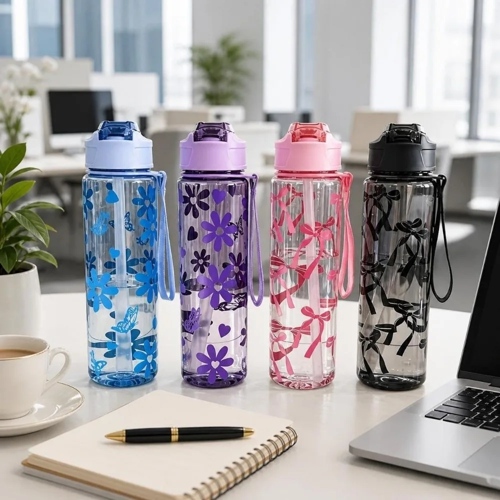 Trendy 800ML Water Bottle Large Capacity Leak Proof Sports Water Bottle Bow Flower Printed Matte Straw Cup Sports