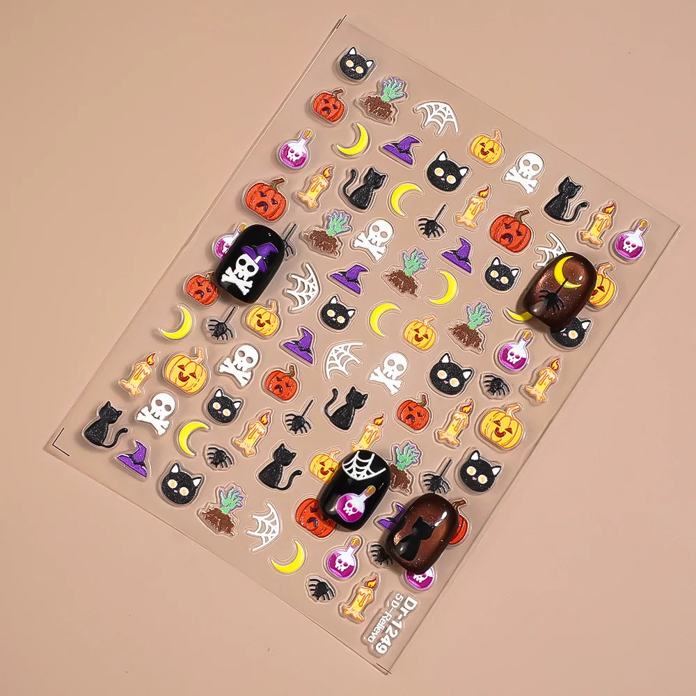 1/5/10pcs Pumpkin Cat Skull Witch Hat Nail Stickers 5D Embossed Halloween Nail Art Stickers For DIY Manicure Decoration Decals