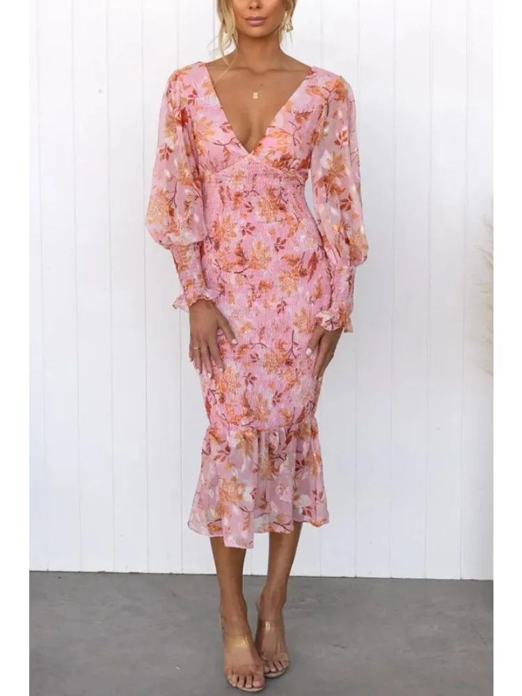 BWQ ボヘミアン花柄ボディコンドレスヴィンテージ V ネックプリーツランタン長袖弾性ウエストミディフリルヒップラップドレス