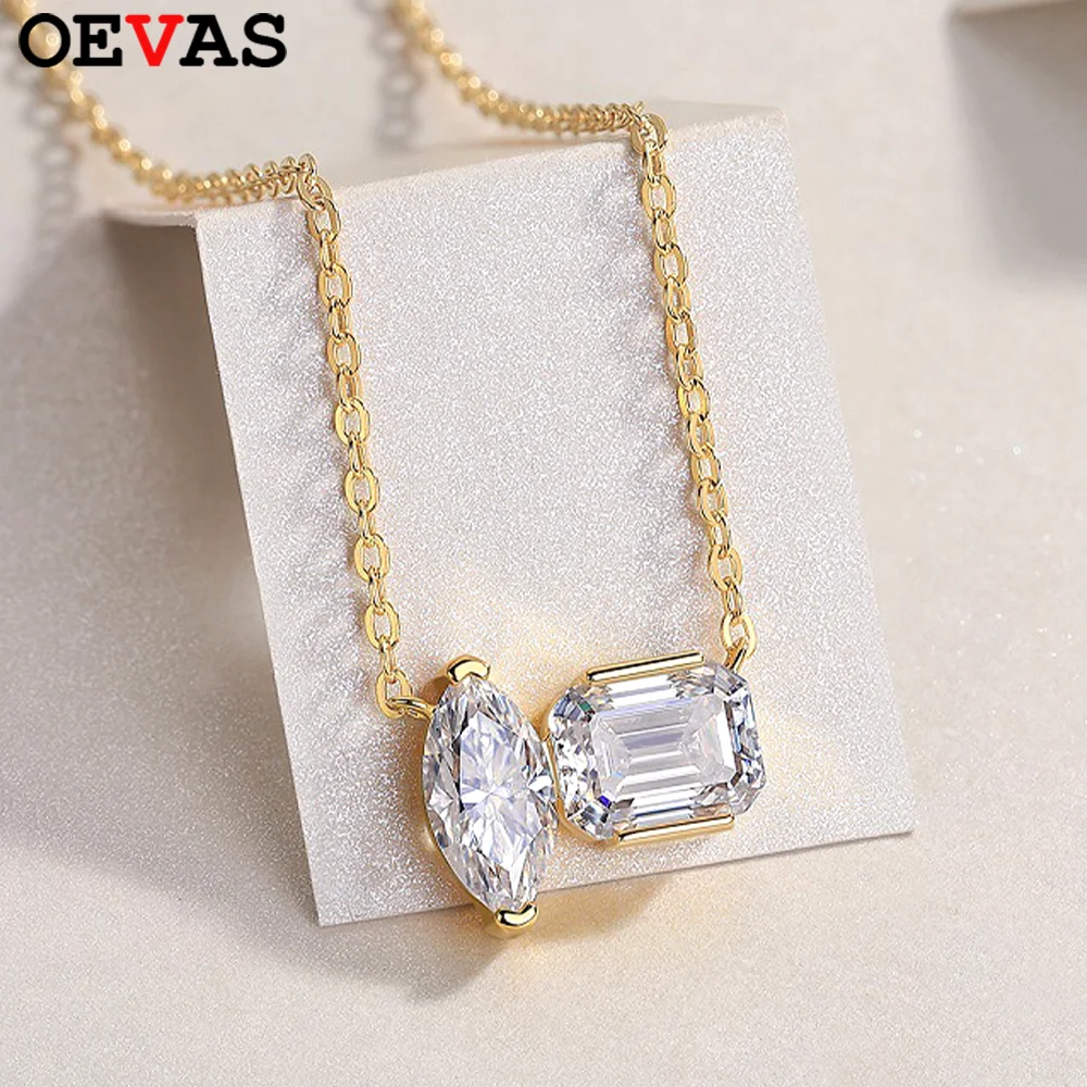 

OEVAS 3cttw Marquise/Emerald Cut Moissanite 2-stone Necklace For Women S925 Silver 18K Gold Lab Diamond NeckChain Fine Jewelry