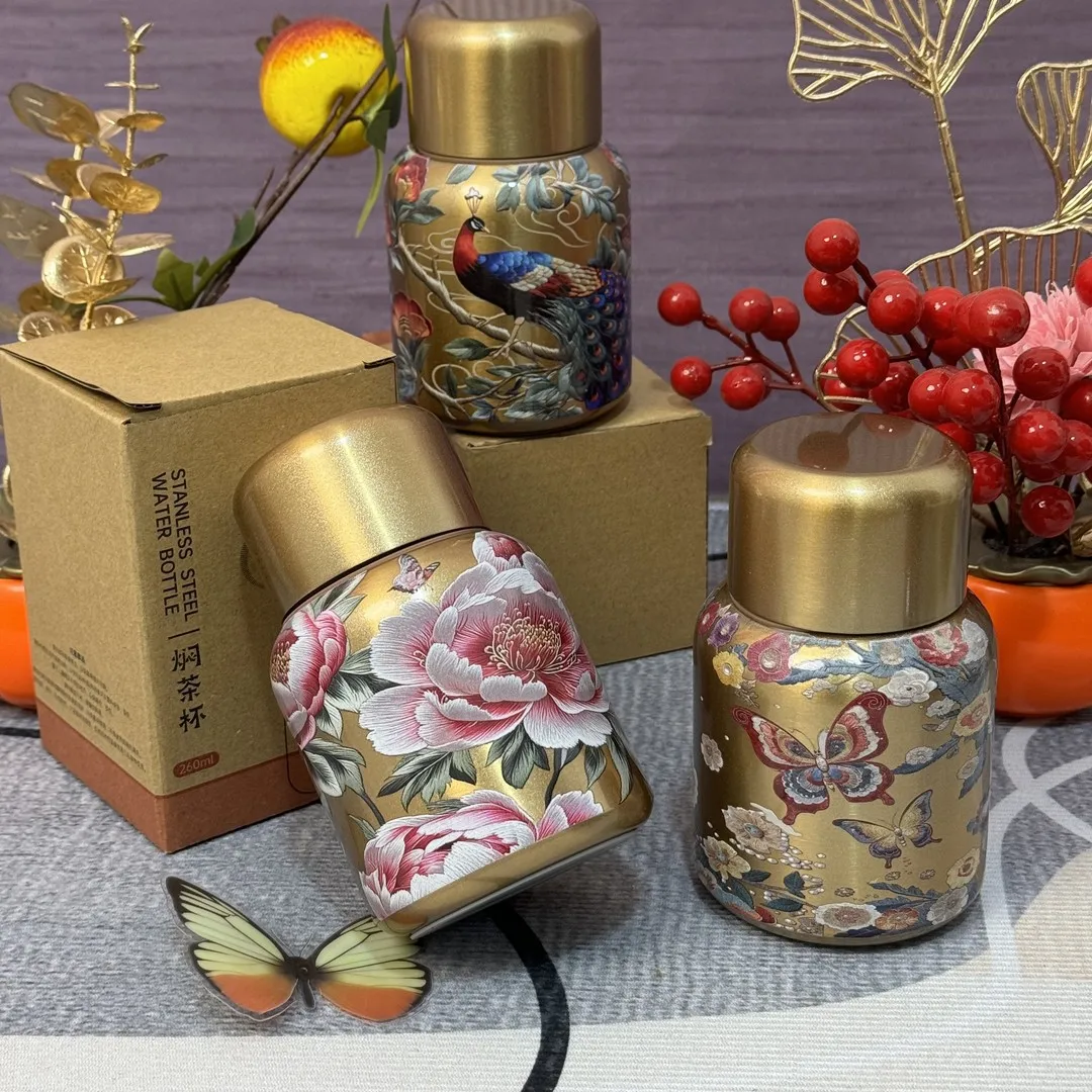 260ML Mini Water Cup Guofeng Pocket Stewed Tea Thermos Cup 316 Stainless Steel Light Luxury 5D Three-dimensional Pattern Cup