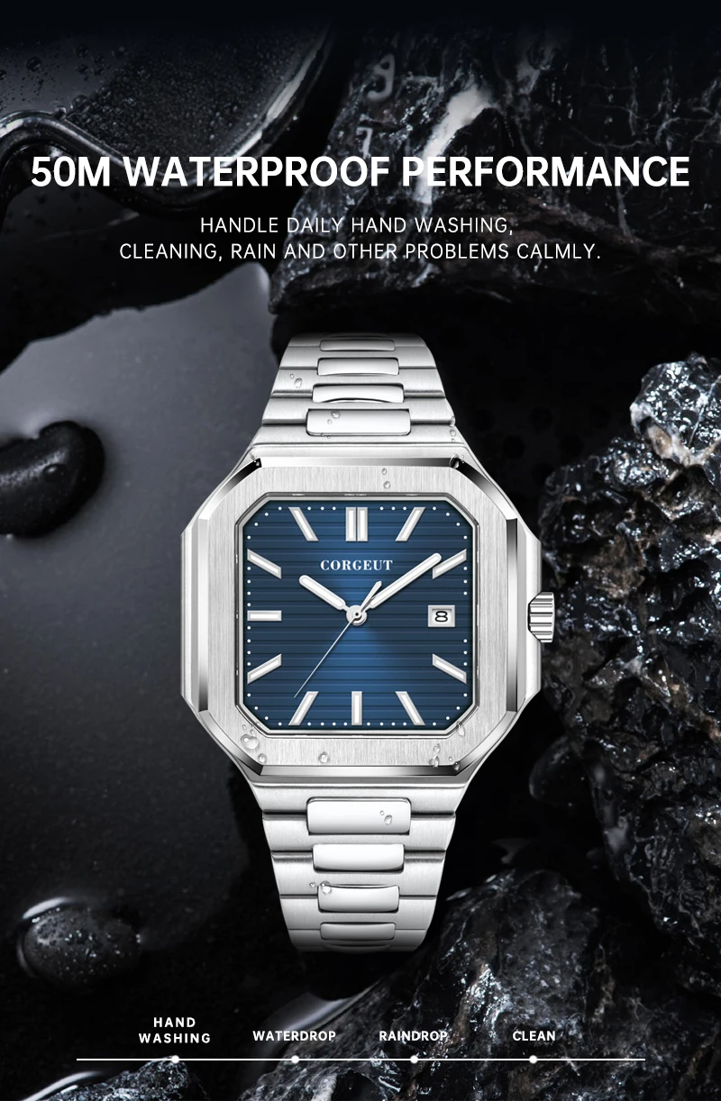 Customized Logo 44.5MM Mechanical Square Steel Case Aseptic Watch Automatic Movement NH35 Fashion Date Gift Men's Watch Corgeut