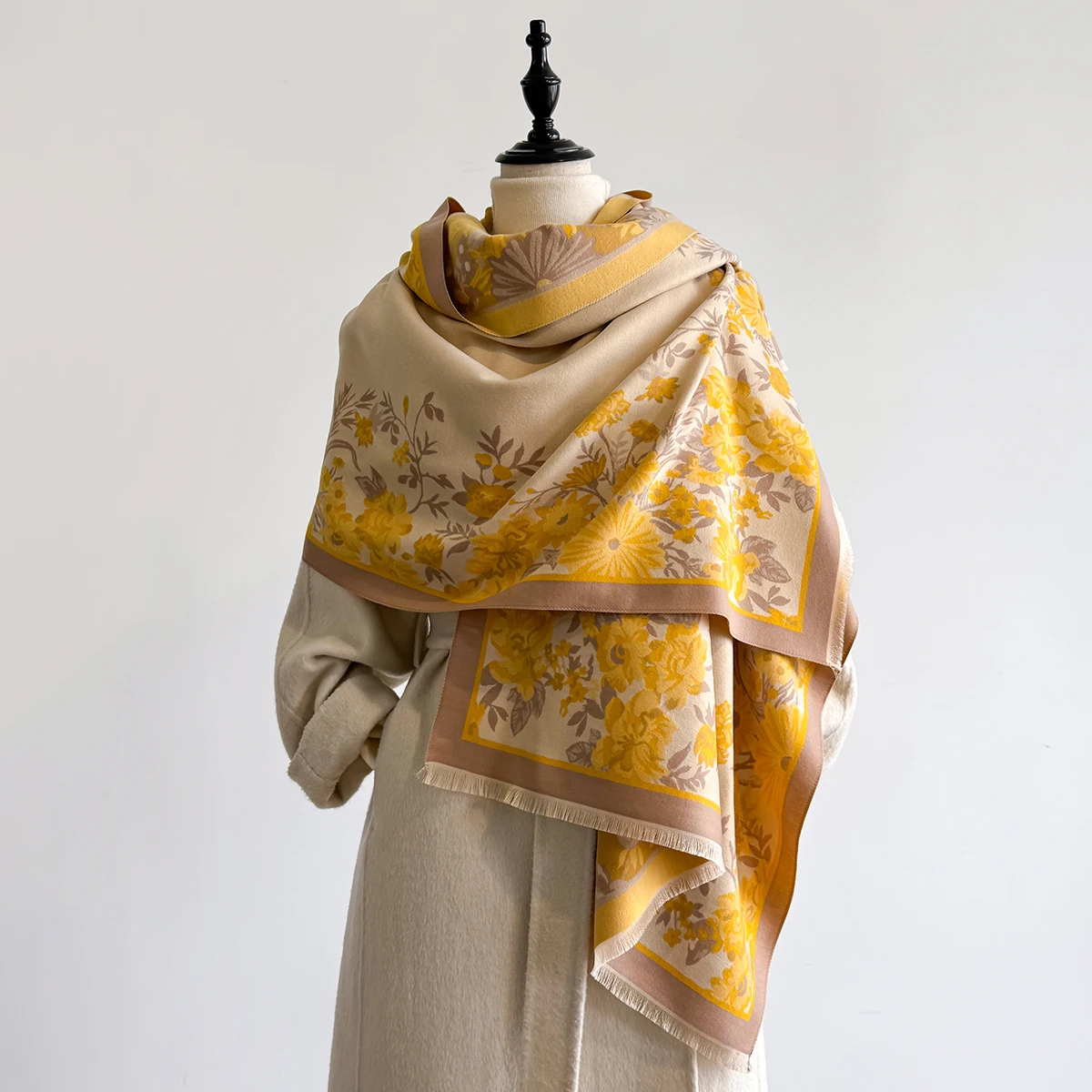 Brand Fashion Damen-Winterschal aus warmem Kaschmir – Pashmina-Schal mit Blumenmuster, dicker Schal, Wickel- und Poncho – Detail 12