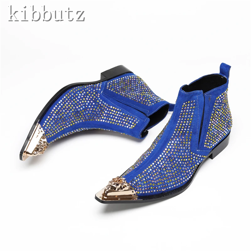 

Fashion Rhinestones Suede Leather Ankle Boots Men New Luxury Metal Toe Chelsea Boots Male Party Dress Shoes