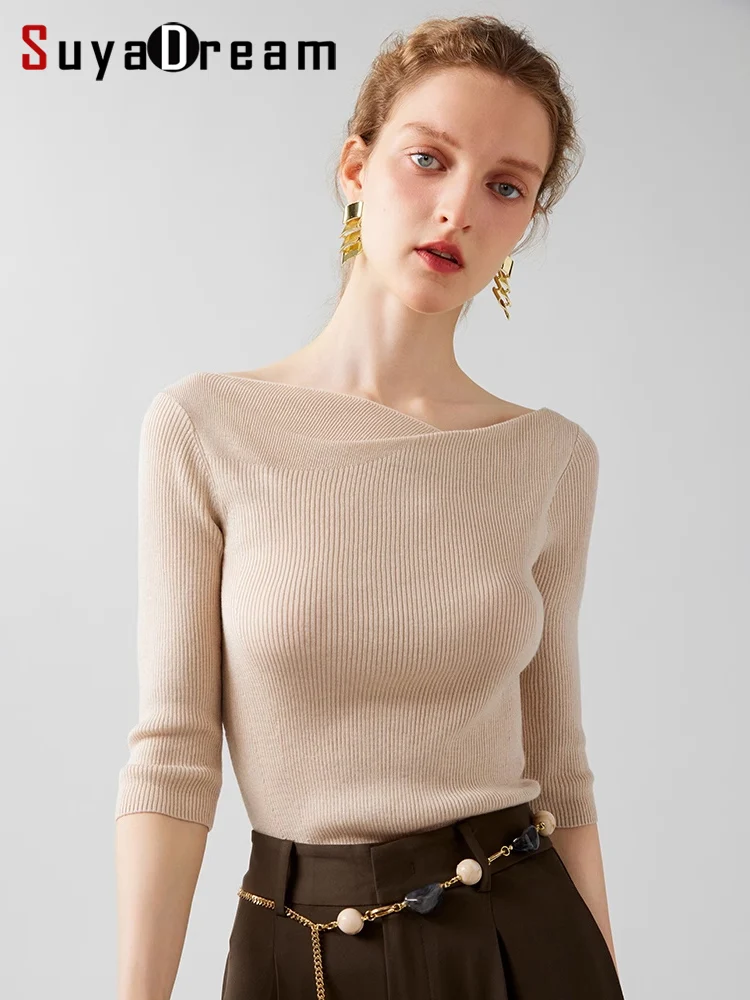 SuyaDream Women Slash Neck Pullovers Silk Wool Blend Slim Knitted Top 2023 Fall Winter Wool Comfortable Sweaters Beige Charcoal