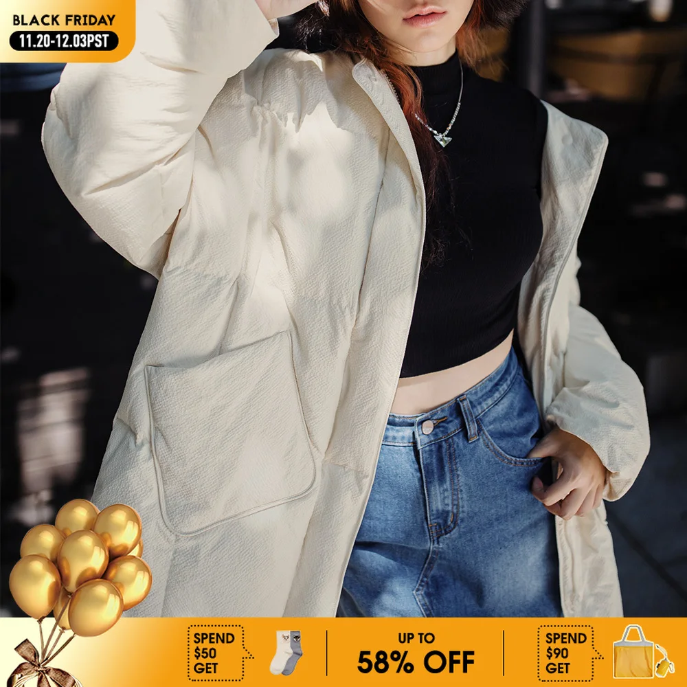 

Maden Women's Down Coat No Collar 90 White Duck Down Jacket Mid Length Thick Warm Female Overcoat in Winter