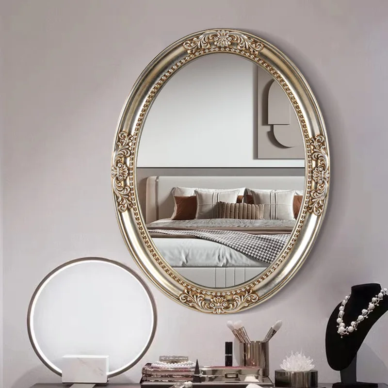 Hotel decoration European retro wall-mounted bathroom mirror non-resin oil painting photo frame decorative mirror oval bathroom