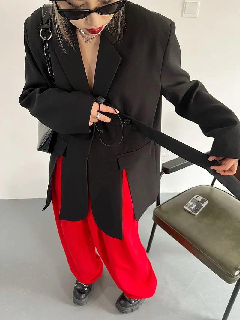 2024 New Arrival Street Style Blazers for Women with Creative Design and Belted Waist European and American Style with Split Hem