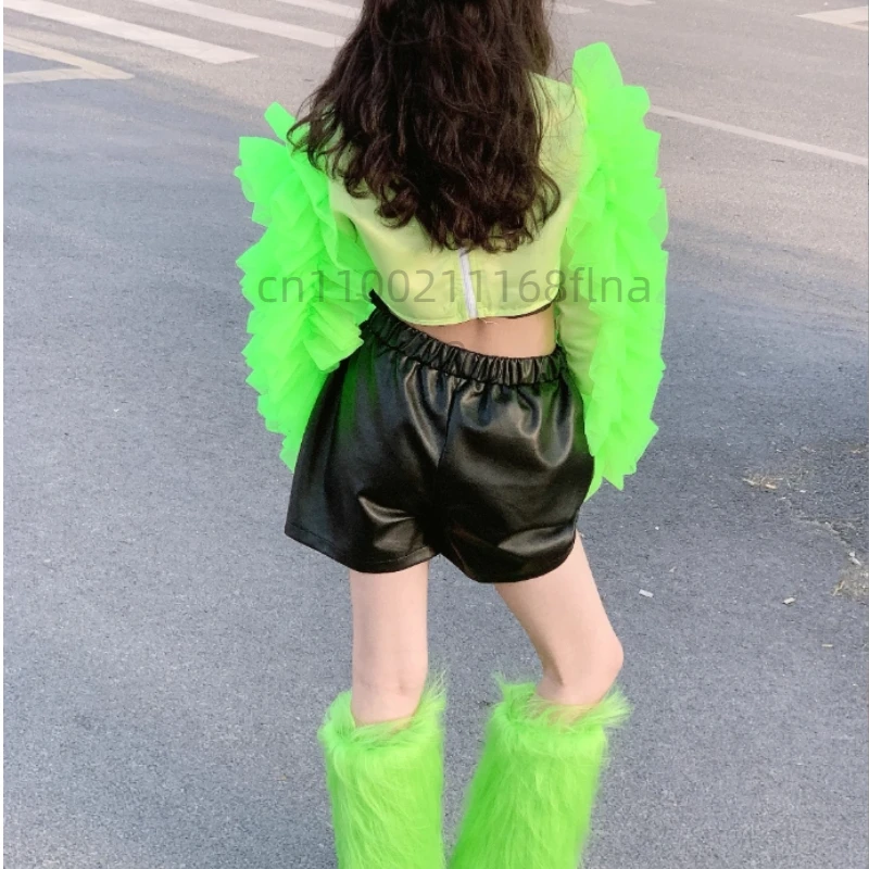 Traje de baile de Jazz para niños, conjunto verde de fruta dopamina con ombligo expuesto, disfraz de baile callejero de JAZZ para espectáculo de pasarela