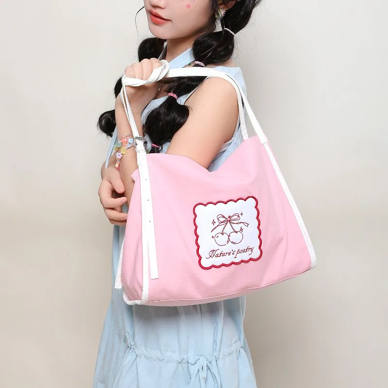 

Summer Canvas Tote Bag Korean Style Pink Fresh Shoulder Bag Large Capacity Floral Print Fabric Handbag