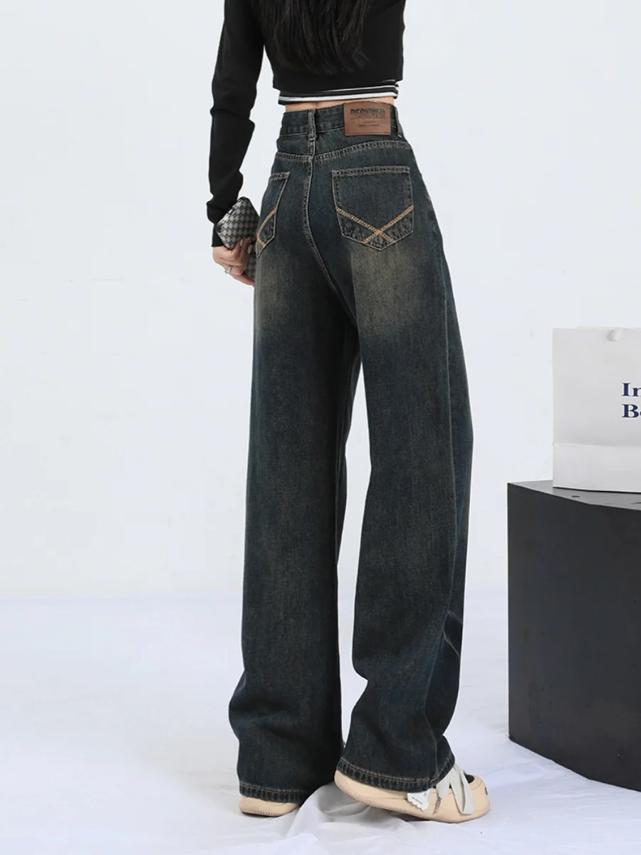 

American Retro High Waist Wide Leg Jeans Women plus Size Slimming New Small Street Sle Straight Leg Pants Deep Blue Jeans