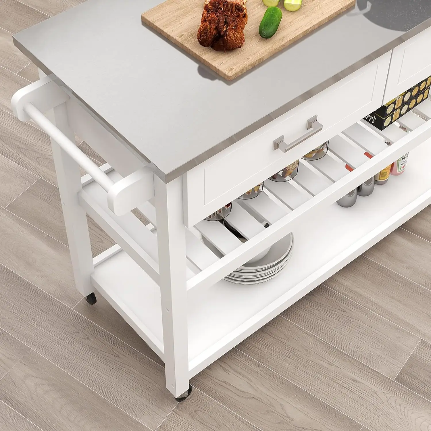 RASOO Kitchen Island White Stainless Steel Top Kitchen Cart On Wheels with 2 Drawers and Storage Shelves, 47.24"x19.68"x35.82"